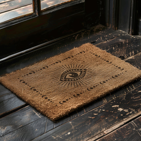 Rectangular coir doormat with central evil eye symbol surrounded by lunar phases, in natural tan with black designs.